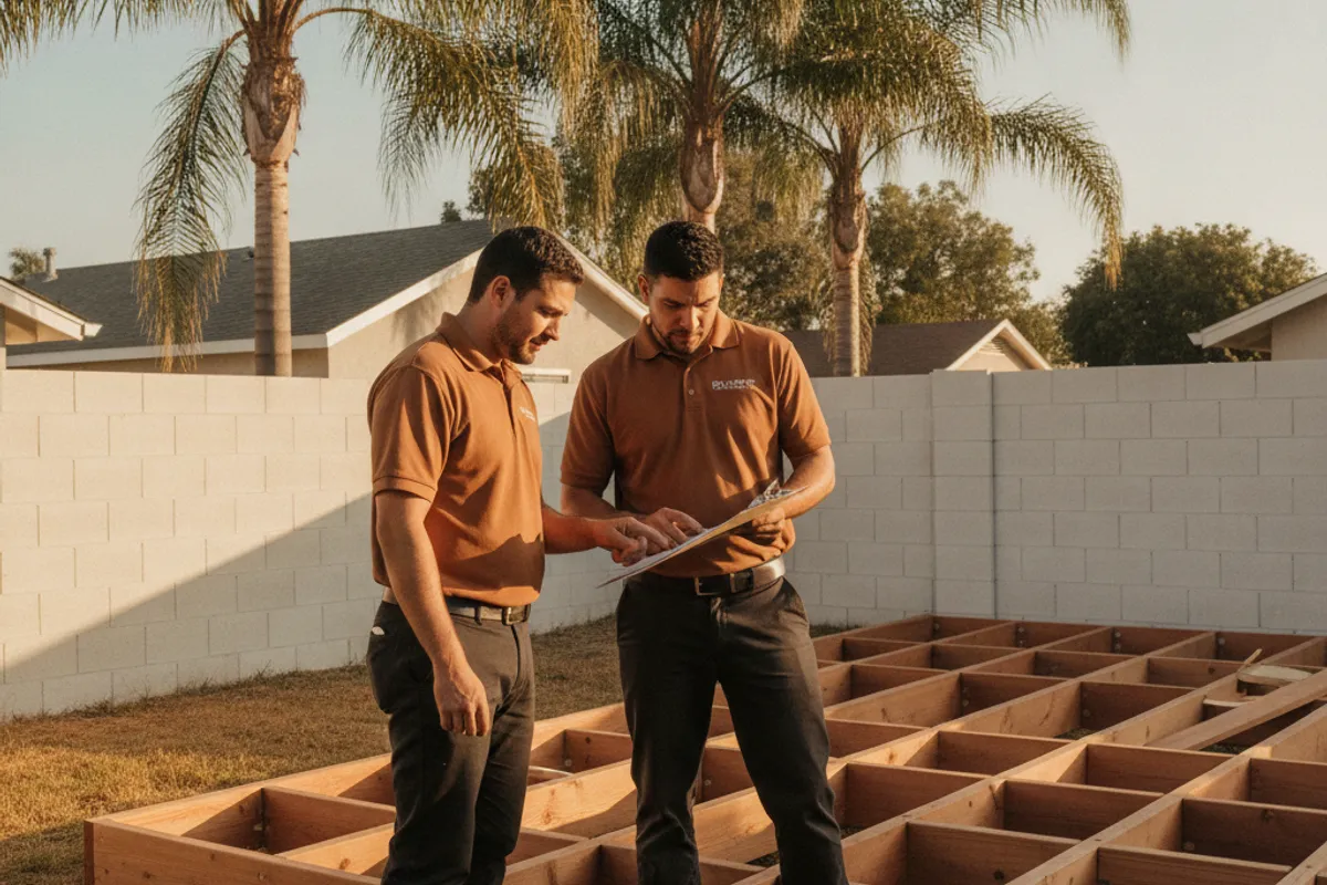 Two people reviewing plans beside deck framing
