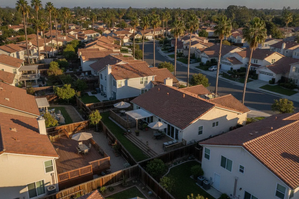 Aerial view of homes and backyard decks