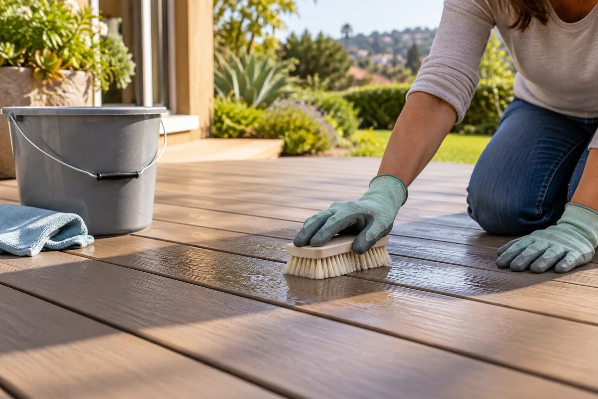 Person cleaning deck boards with a brush