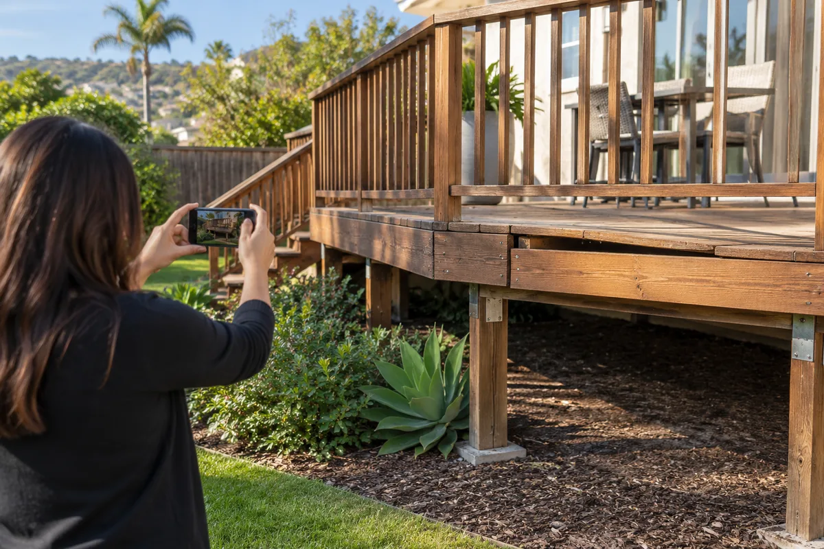 Person photographing a deck from the ground