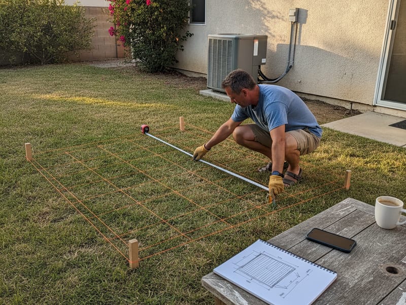 Backyard being measured for a deck plan