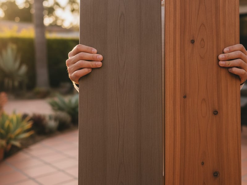 Two decking samples held side by side outdoors