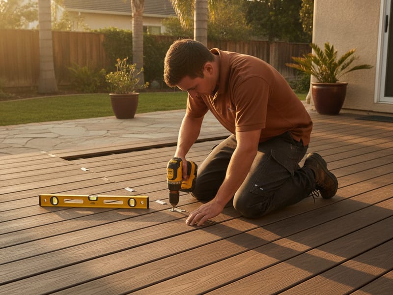 Person fastening decking boards on a deck