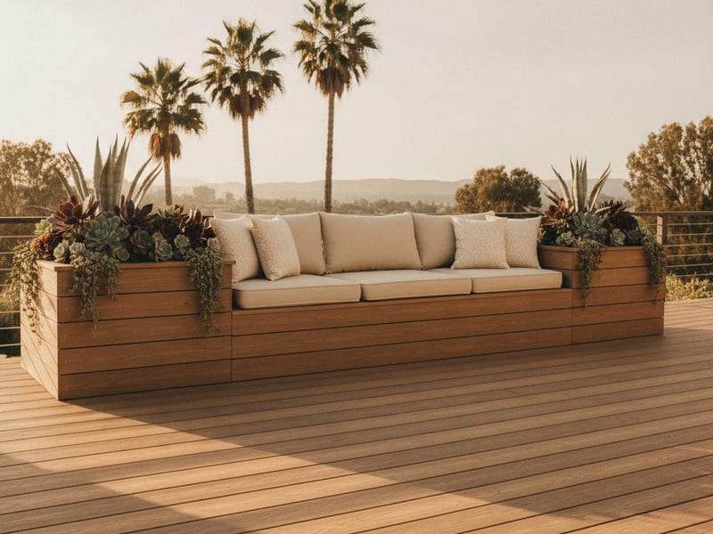 A deck with built-in seating and planters