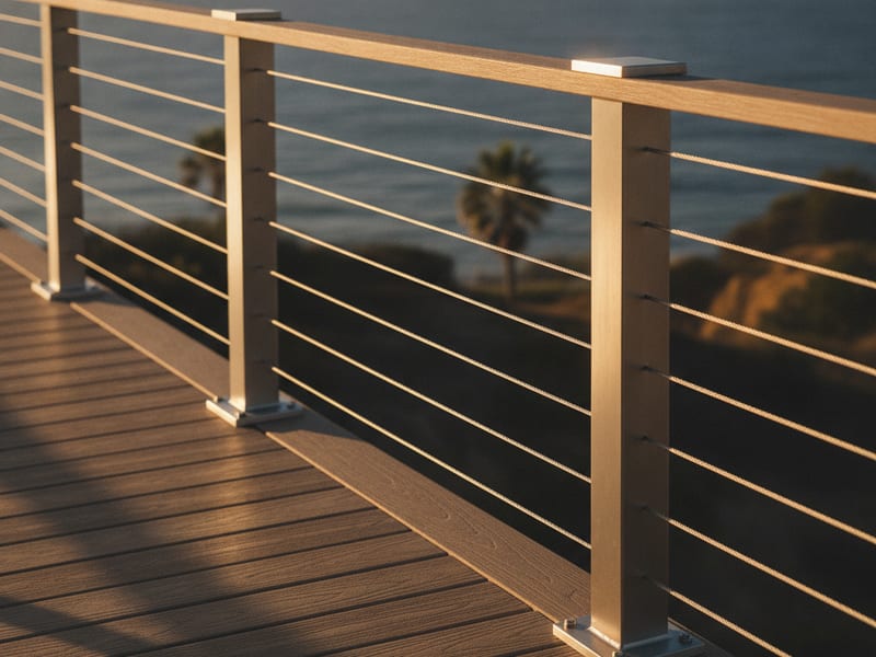 Deck railing with horizontal cables and metal posts