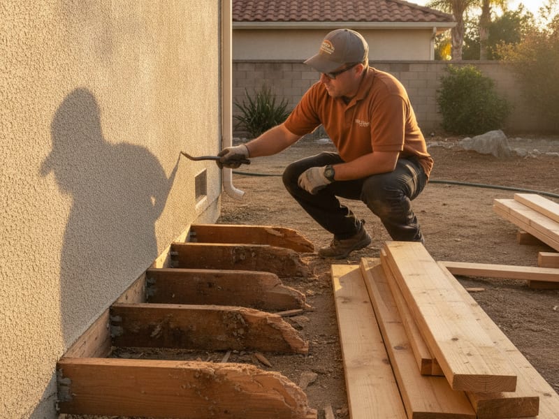 Person examining exposed deck framing beside a house