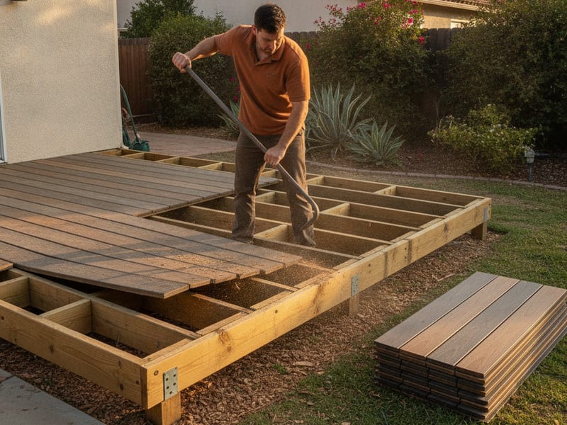 A person removing deck boards beside exposed framing