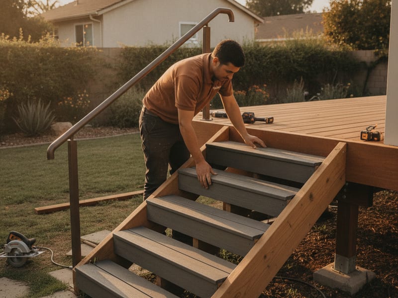 A person working on outdoor deck stairs