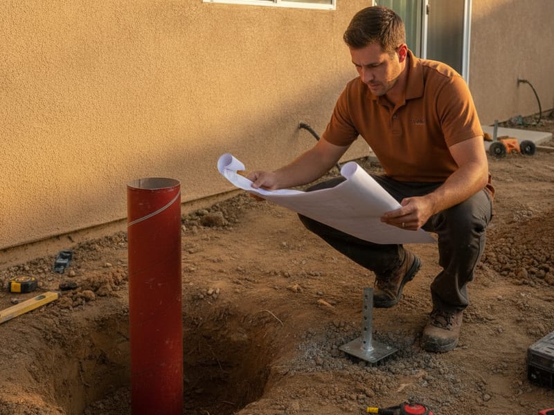 A person holding plans beside an excavated footing