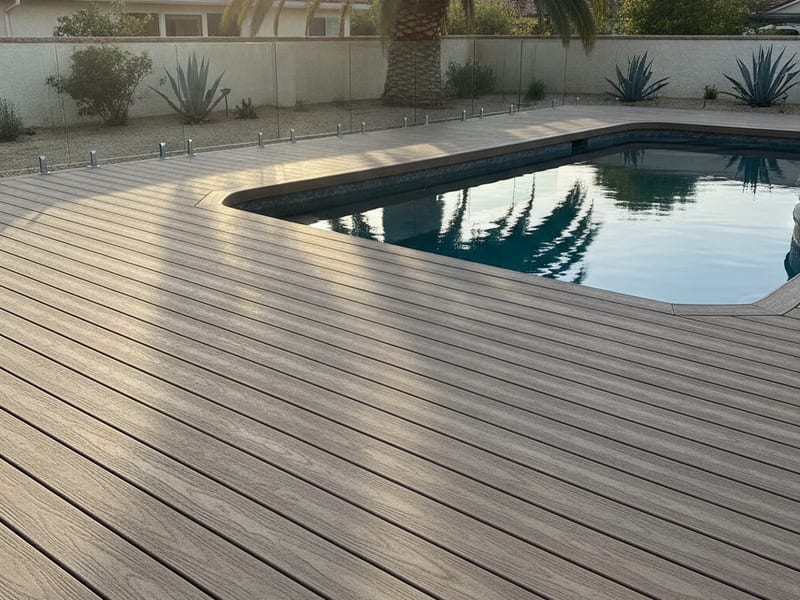 A deck surrounding a swimming pool