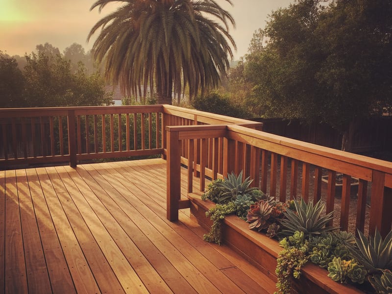 Wood deck with a railing and built-in planter
